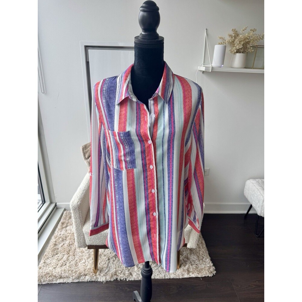 Boutique9 Women's Pink Orange Stripe Button Front Shirt Long Sleeve Size L